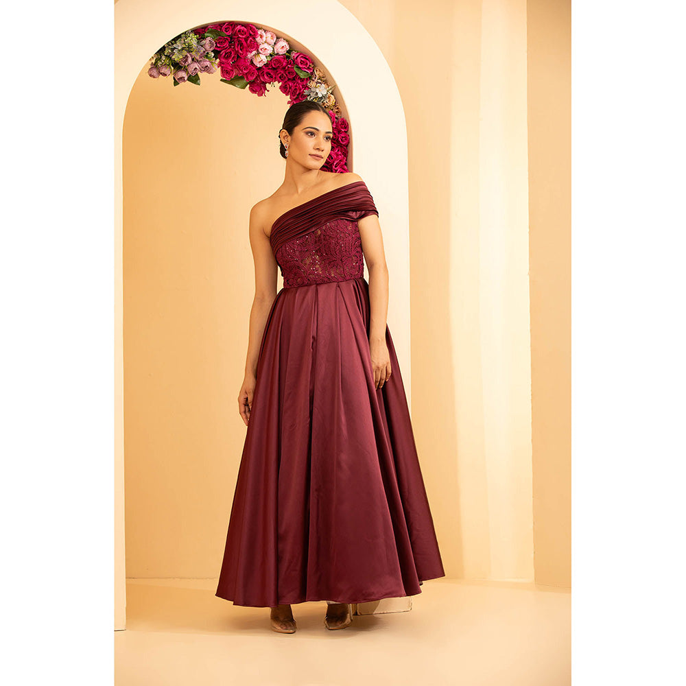 Shriya Dahlia Wine Off Shoulder Gown