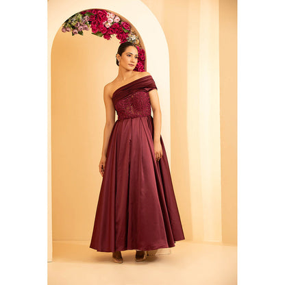 Shriya Dahlia Wine Off Shoulder Gown