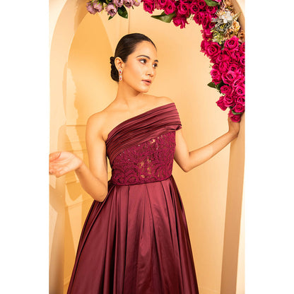 Shriya Dahlia Wine Off Shoulder Gown