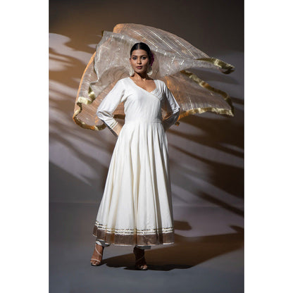 Shweta Dabas Fiza Ivory Angarkha Kurta with Pant and Dupatta (Set of 3)