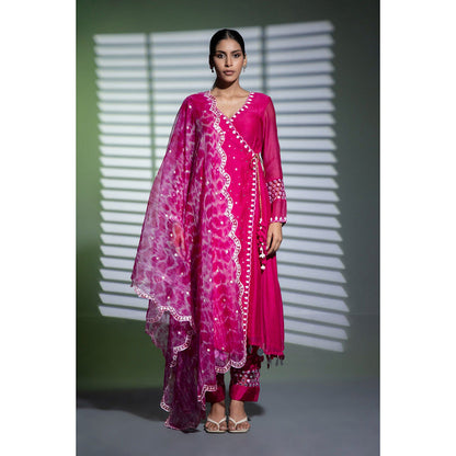 Shweta Dabas Pink Embroidered A-Line Angrakha Kurta with Pant and Dupatta (Set of 3)