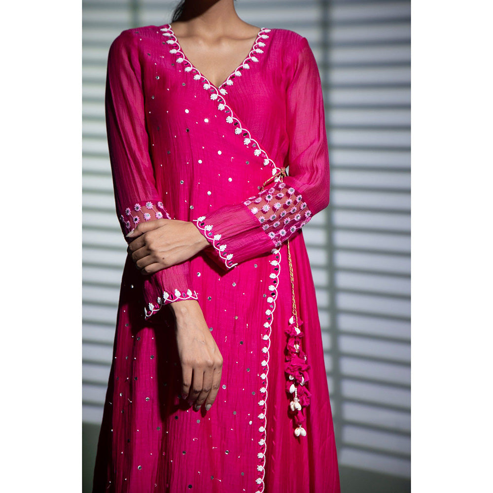 Shweta Dabas Pink Embroidered A-Line Angrakha Kurta with Pant and Dupatta (Set of 3)