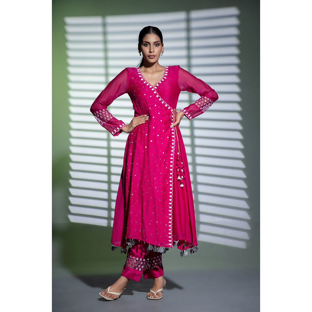 Shweta Dabas Pink Embroidered A-Line Angrakha Kurta with Pant and Dupatta (Set of 3)