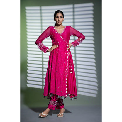 Shweta Dabas Pink Embroidered A-Line Angrakha Kurta with Pant and Dupatta (Set of 3)