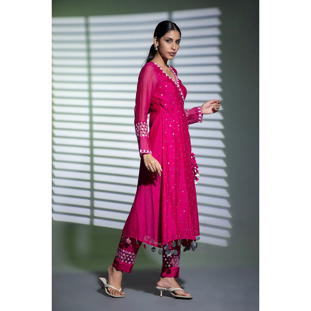 Shweta Dabas Pink Embroidered A-Line Angrakha Kurta with Pant and Dupatta (Set of 3)
