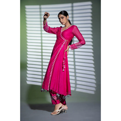 Shweta Dabas Pink Embroidered A-Line Angrakha Kurta with Pant and Dupatta (Set of 3)