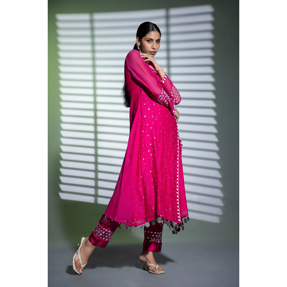 Shweta Dabas Pink Embroidered A-Line Angrakha Kurta with Pant and Dupatta (Set of 3)