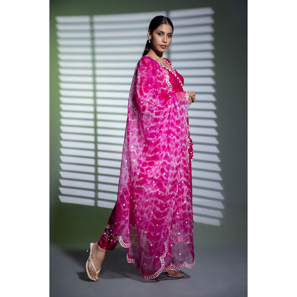 Shweta Dabas Pink Embroidered A-Line Angrakha Kurta with Pant and Dupatta (Set of 3)