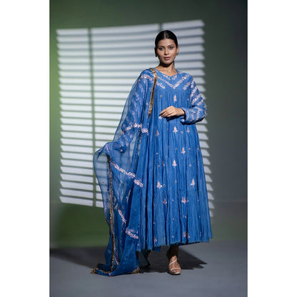 Shweta Dabas Blue Tiered Embroidered Anarkali with Pant and Dupatta (Set of 3)