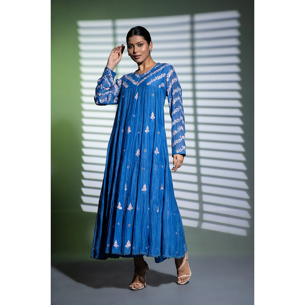 Shweta Dabas Blue Tiered Embroidered Anarkali with Pant and Dupatta (Set of 3)