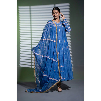 Shweta Dabas Blue Tiered Embroidered Anarkali with Pant and Dupatta (Set of 3)
