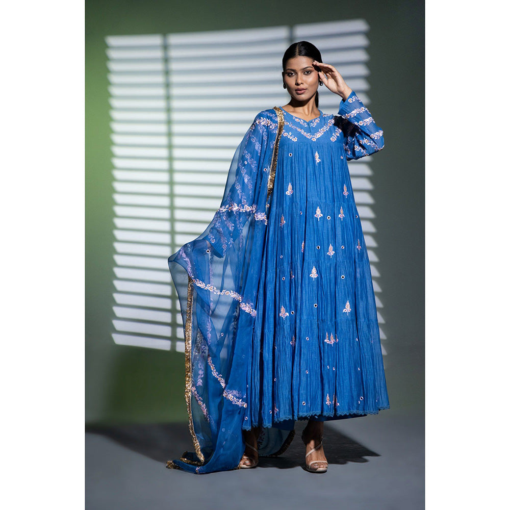 Shweta Dabas Blue Tiered Embroidered Anarkali with Pant and Dupatta (Set of 3)