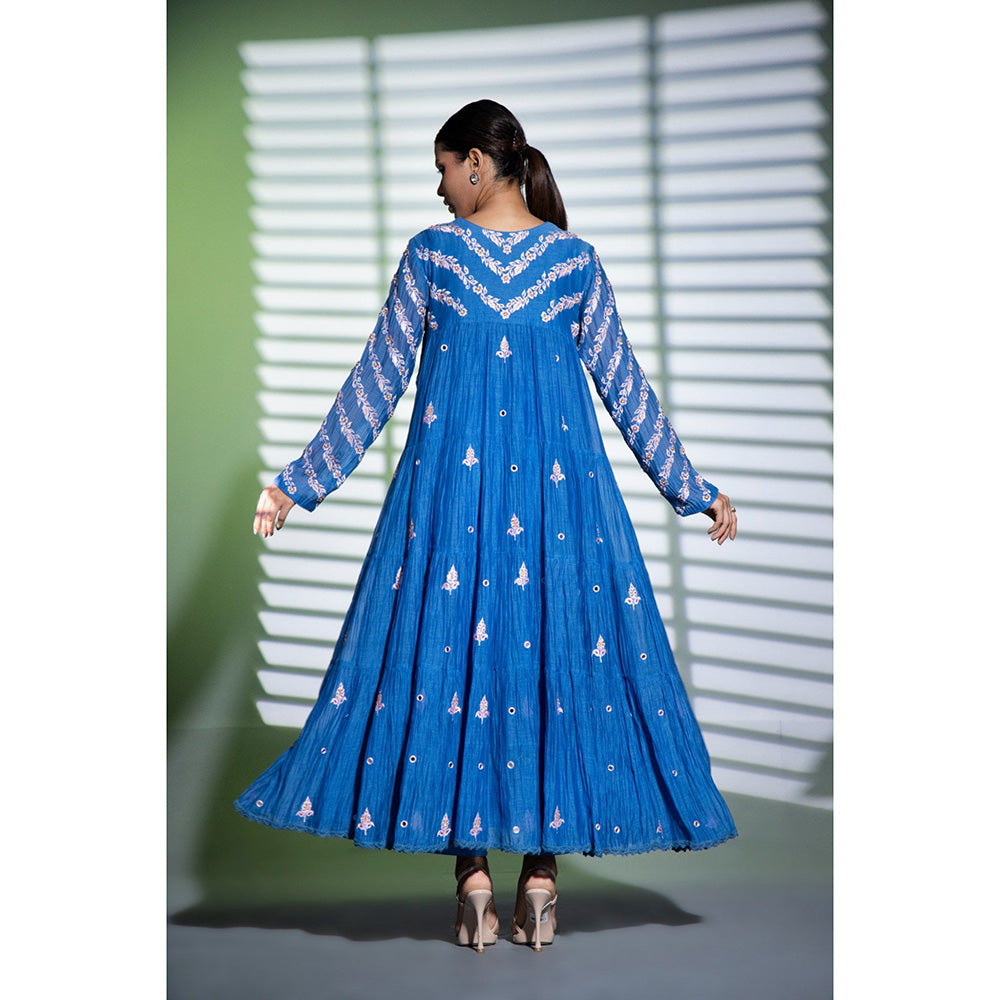 Shweta Dabas Blue Tiered Embroidered Anarkali with Pant and Dupatta (Set of 3)