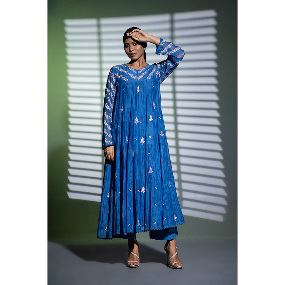 Shweta Dabas Blue Tiered Embroidered Anarkali with Pant and Dupatta (Set of 3)