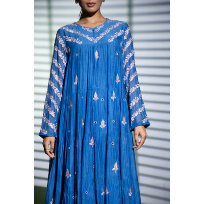 Shweta Dabas Blue Tiered Embroidered Anarkali with Pant and Dupatta (Set of 3)