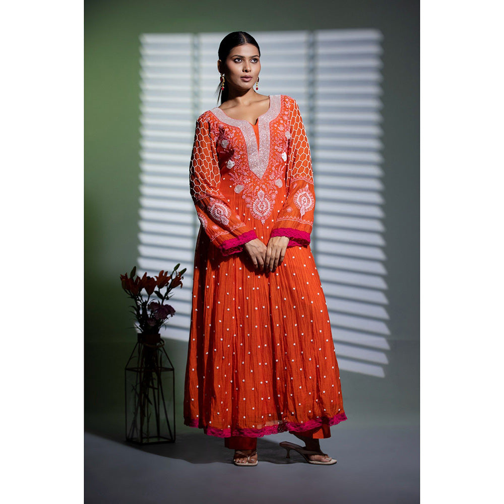 Shweta Dabas Kesariya Embroidered Anarkali with Pant and Dupatta (Set of 3)