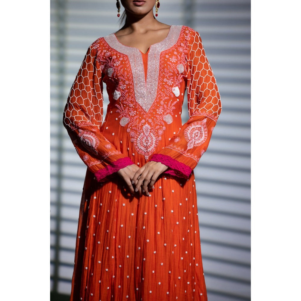 Shweta Dabas Kesariya Embroidered Anarkali with Pant and Dupatta (Set of 3)