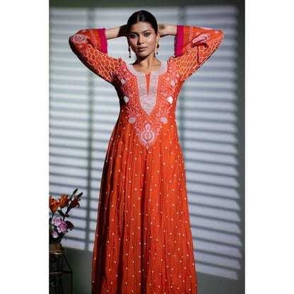 Shweta Dabas Kesariya Embroidered Anarkali with Pant and Dupatta (Set of 3)