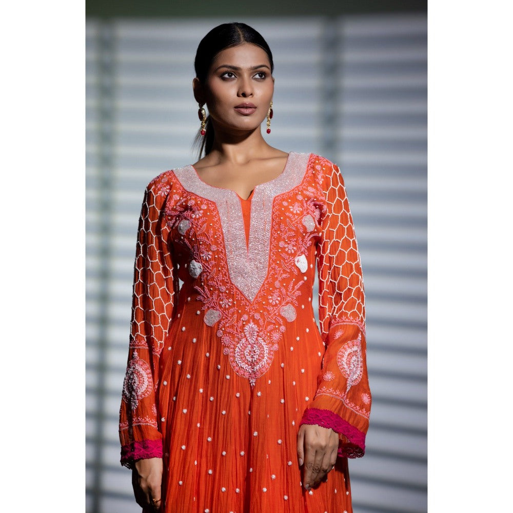 Shweta Dabas Kesariya Embroidered Anarkali with Pant and Dupatta (Set of 3)