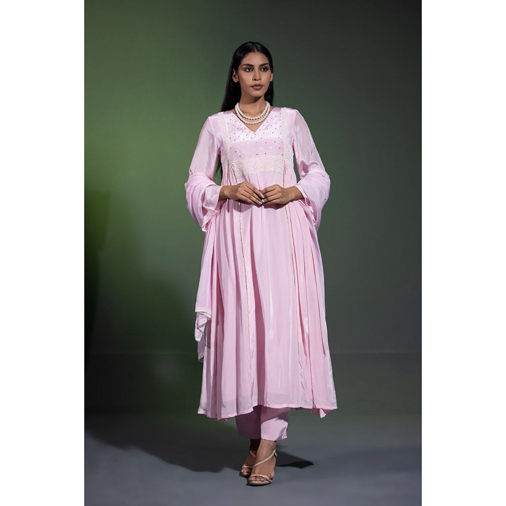 Shweta Dabas Powder Pink Embroidered Anarkali with Pant and Dupatta (Set of 3)