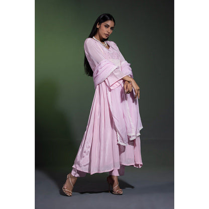 Shweta Dabas Powder Pink Embroidered Anarkali with Pant and Dupatta (Set of 3)