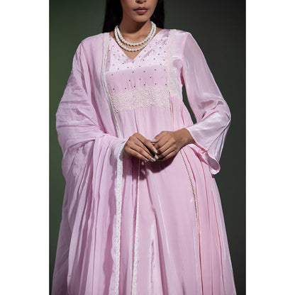 Shweta Dabas Powder Pink Embroidered Anarkali with Pant and Dupatta (Set of 3)