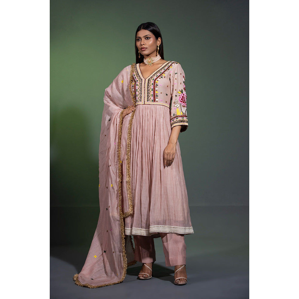 Shweta Dabas Mauve Embroidered Anarkali with Pant and Dupatta (Set of 3)