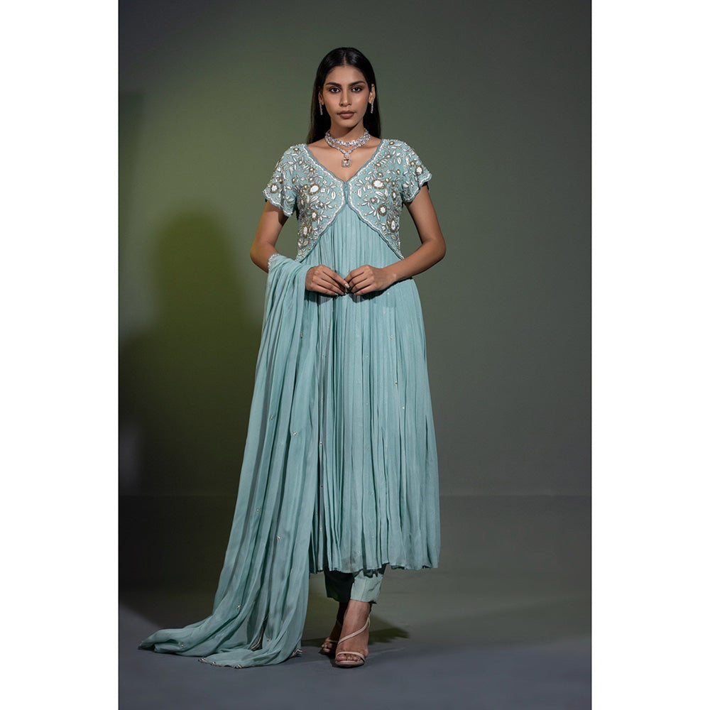 Shweta Dabas Sage Blue Embroidered Anarkali with Pant and Dupatta (Set of 3)