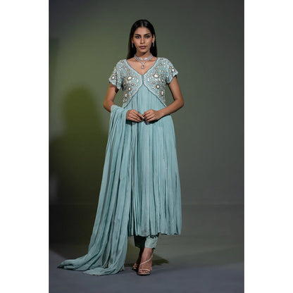 Shweta Dabas Sage Blue Embroidered Anarkali with Pant and Dupatta (Set of 3)
