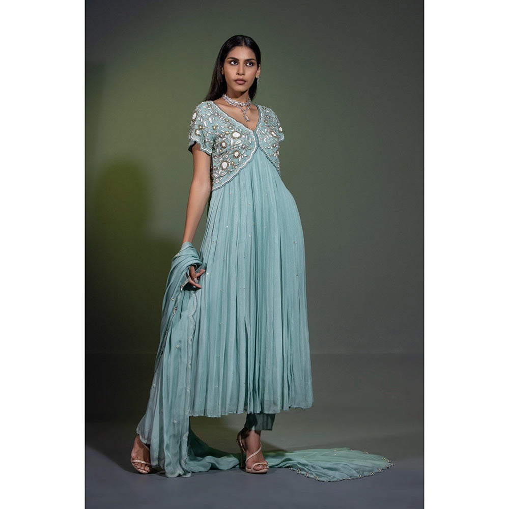Shweta Dabas Sage Blue Embroidered Anarkali with Pant and Dupatta (Set of 3)