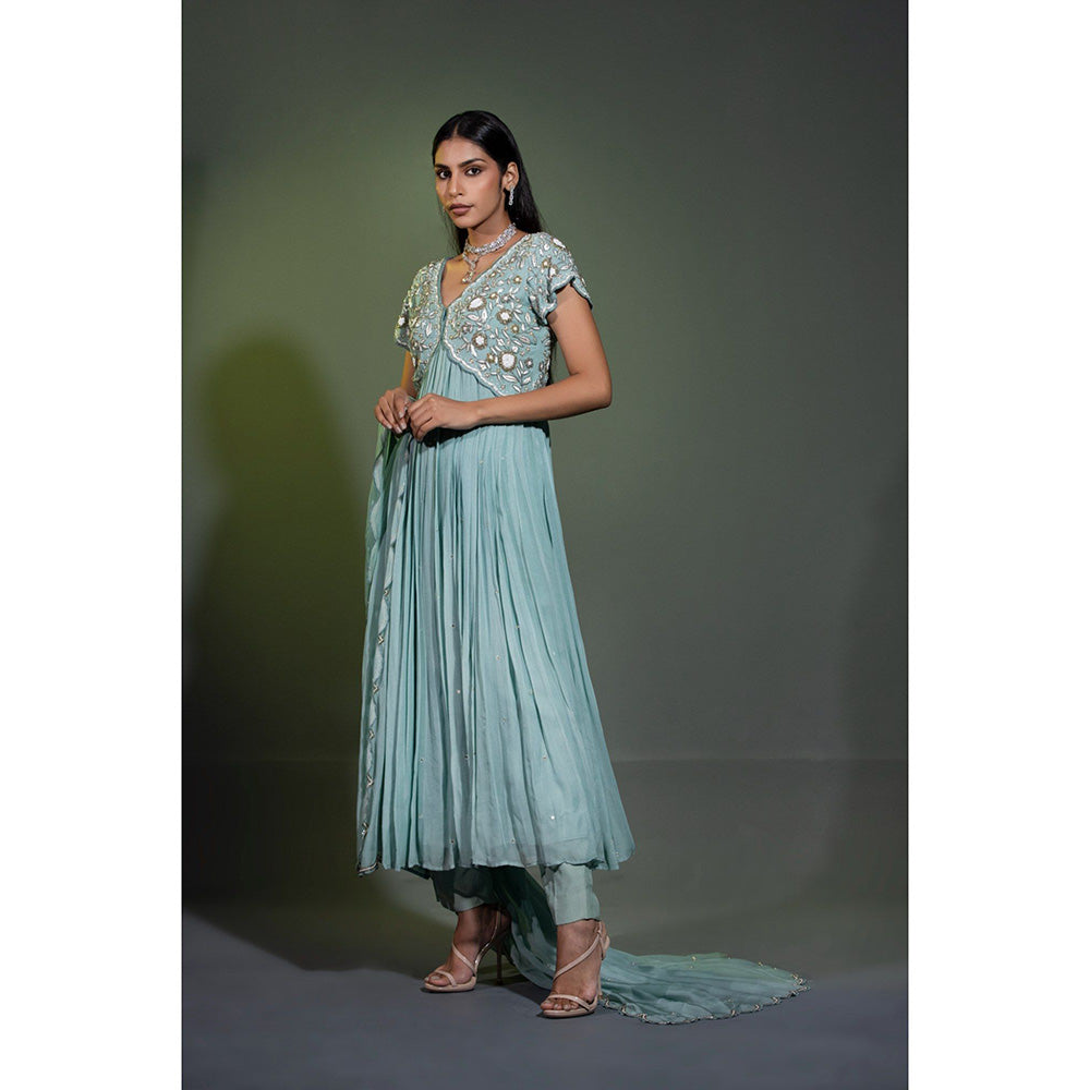 Shweta Dabas Sage Blue Embroidered Anarkali with Pant and Dupatta (Set of 3)
