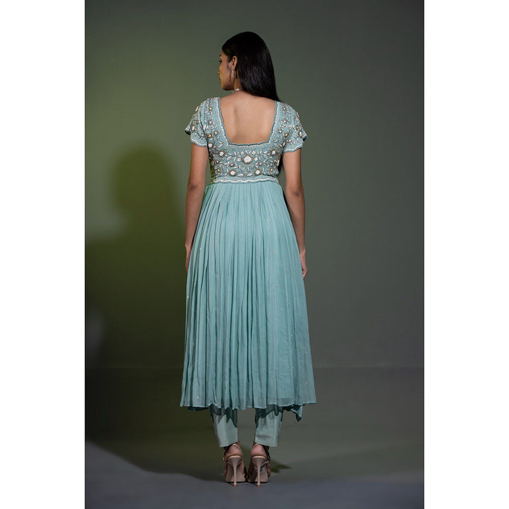 Shweta Dabas Sage Blue Embroidered Anarkali with Pant and Dupatta (Set of 3)