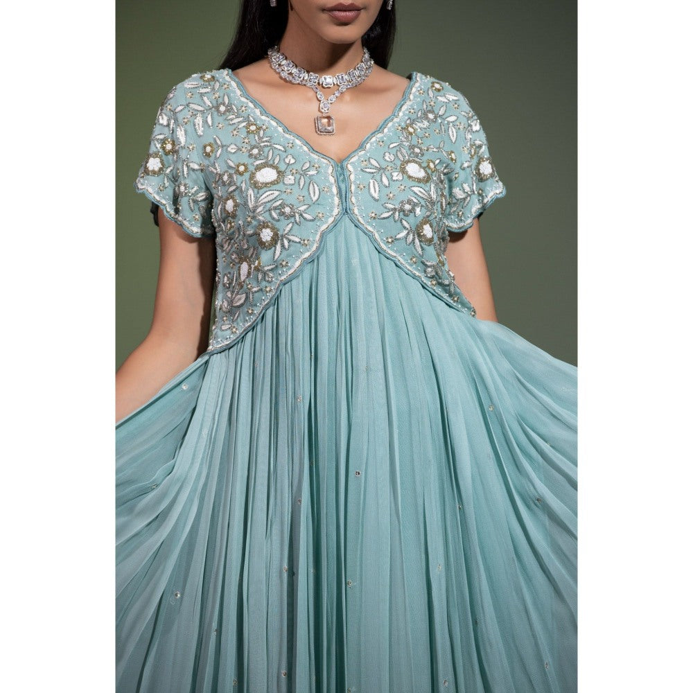 Shweta Dabas Sage Blue Embroidered Anarkali with Pant and Dupatta (Set of 3)