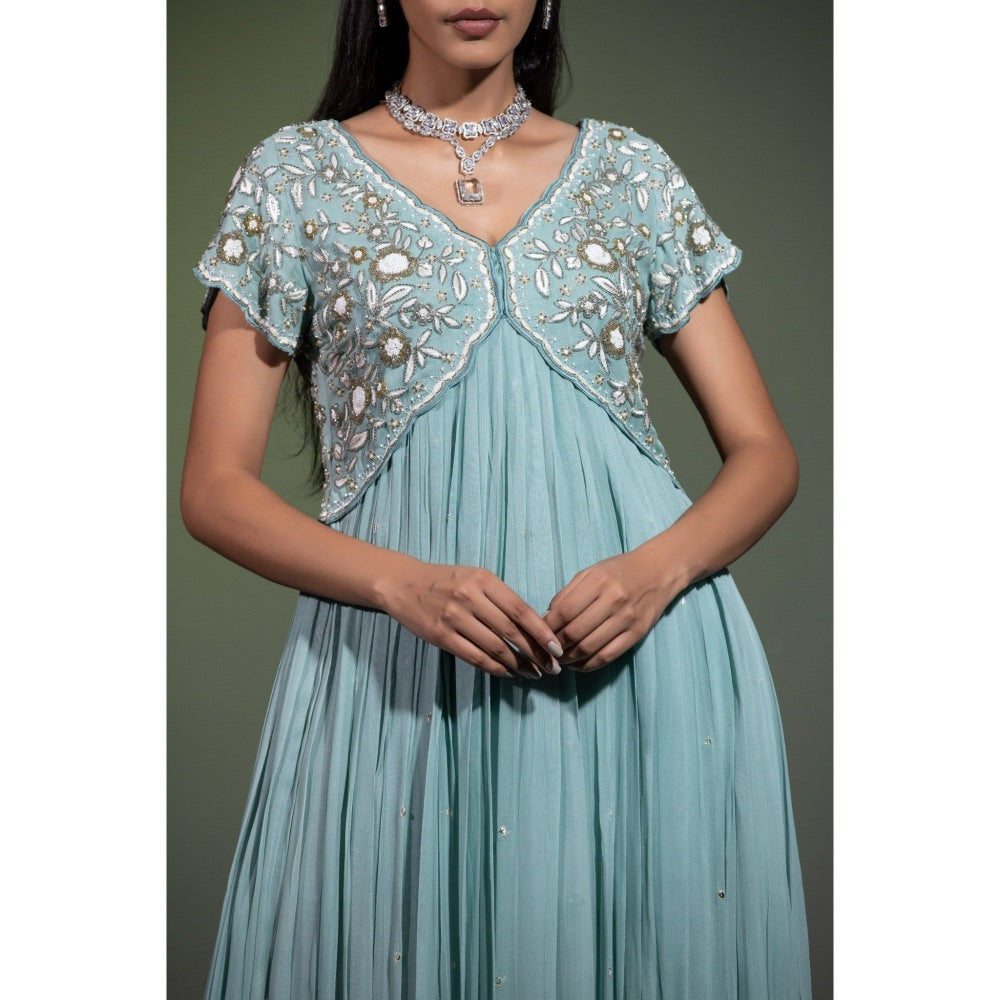 Shweta Dabas Sage Blue Embroidered Anarkali with Pant and Dupatta (Set of 3)
