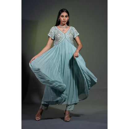 Shweta Dabas Sage Blue Embroidered Anarkali with Pant and Dupatta (Set of 3)