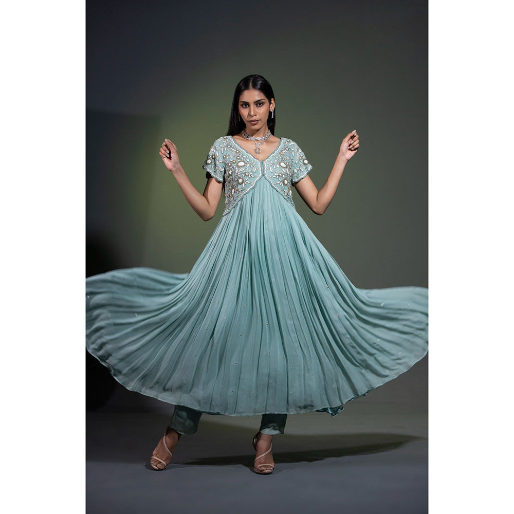 Shweta Dabas Sage Blue Embroidered Anarkali with Pant and Dupatta (Set of 3)