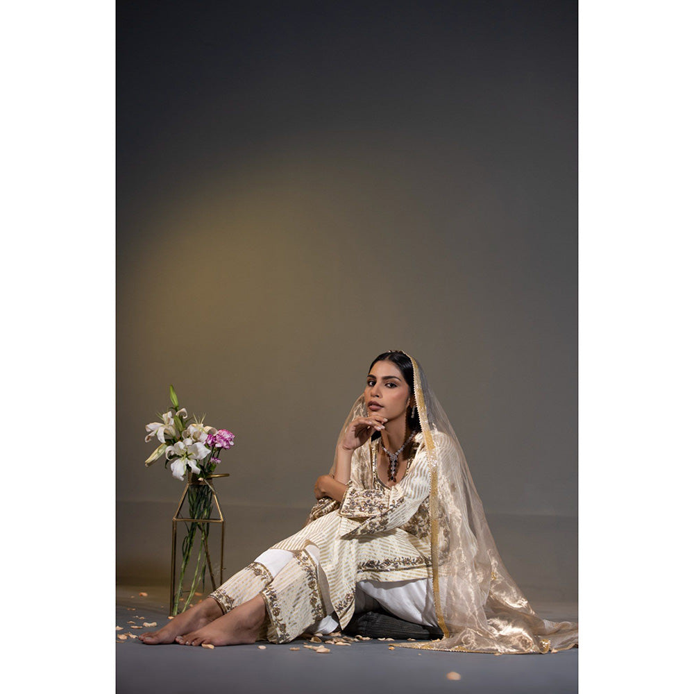 Shweta Dabas Ivory Pure Tissue Stripes Kurta with Pant and Dupatta (Set of 3)