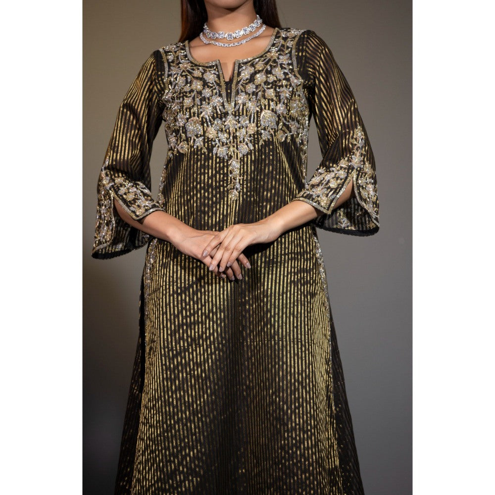 Shweta Dabas Black Pure Tissue Stripes Kurta with Pant and Dupatta (Set of 3)