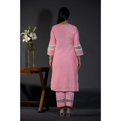 Shweta Dabas Pink Rose Laces Pure Chanderi Kurta with Pant and Dupatta (Set of 3)