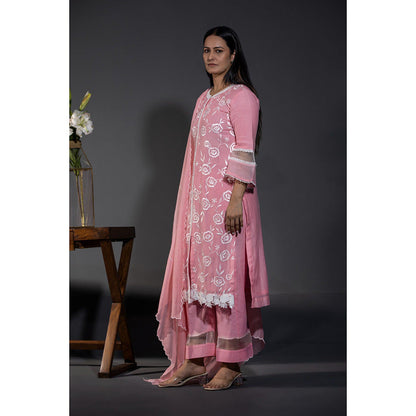 Shweta Dabas Pink Rose Laces Pure Chanderi Kurta with Pant and Dupatta (Set of 3)