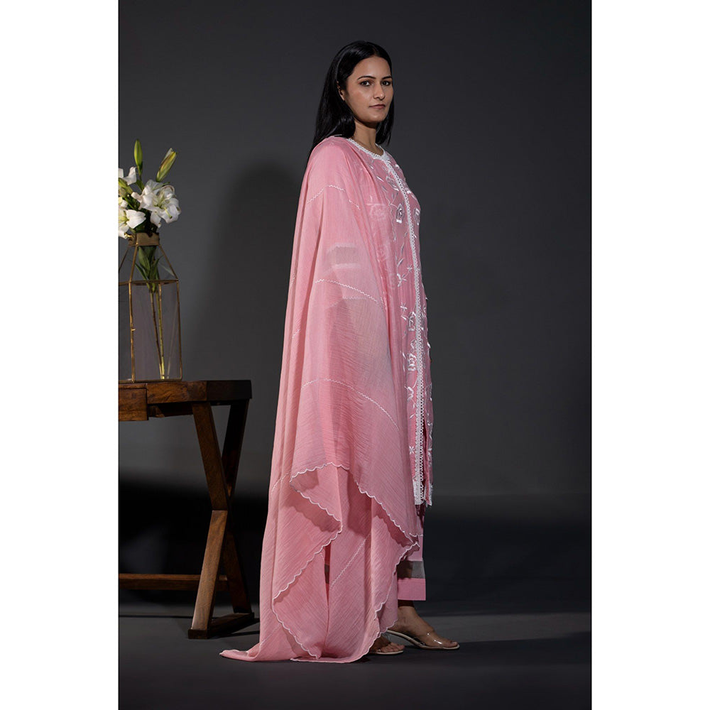 Shweta Dabas Pink Rose Laces Pure Chanderi Kurta with Pant and Dupatta (Set of 3)