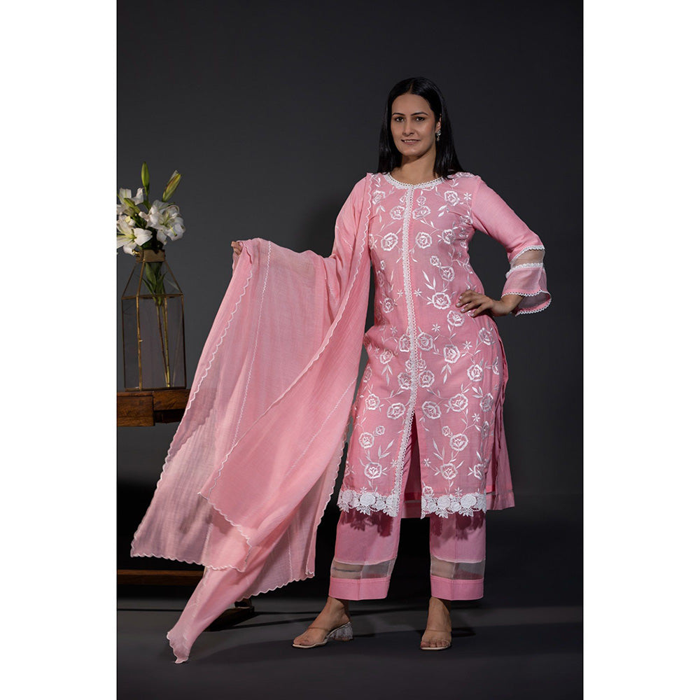 Shweta Dabas Pink Rose Laces Pure Chanderi Kurta with Pant and Dupatta (Set of 3)