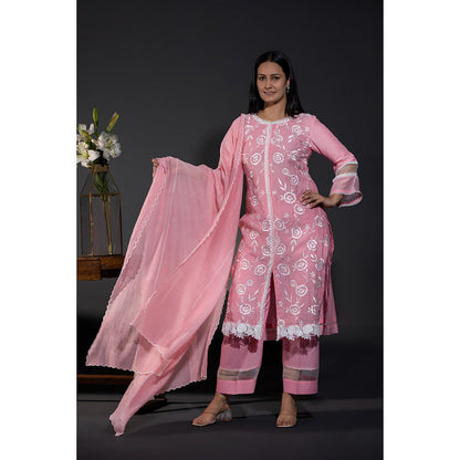 Shweta Dabas Pink Rose Laces Pure Chanderi Kurta with Pant and Dupatta (Set of 3)