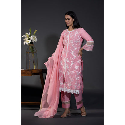 Shweta Dabas Pink Rose Laces Pure Chanderi Kurta with Pant and Dupatta (Set of 3)