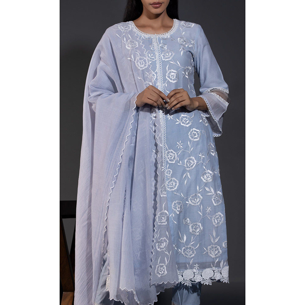 Shweta Dabas Blue Rose Laces Pure Chanderi Kurta with Pant and Dupatta (Set of 3)