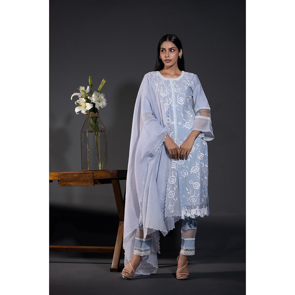 Shweta Dabas Blue Rose Laces Pure Chanderi Kurta with Pant and Dupatta (Set of 3)