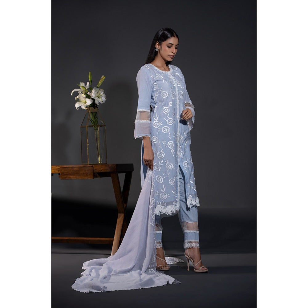 Shweta Dabas Blue Rose Laces Pure Chanderi Kurta with Pant and Dupatta (Set of 3)