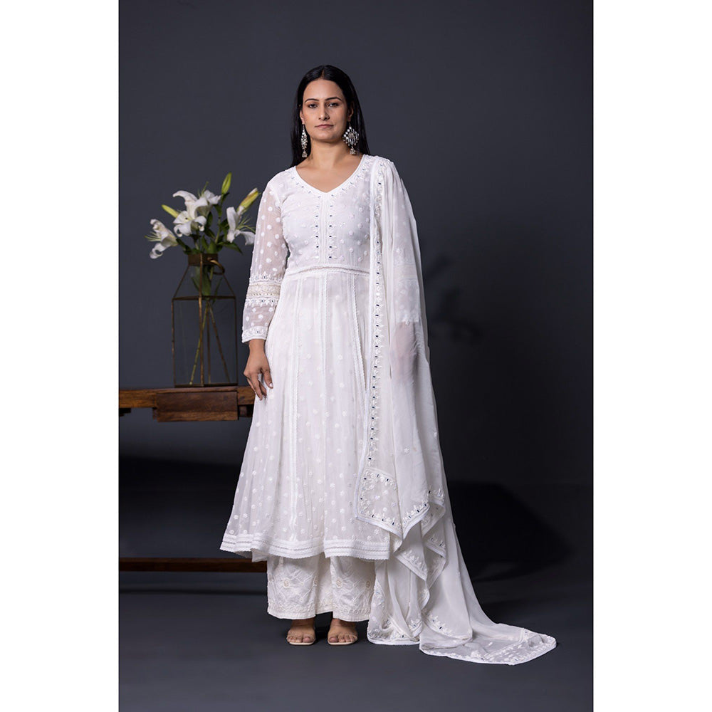 Shweta Dabas Serine White Embroidered Anarkali with Palazzo and Dupatta (Set of 3)