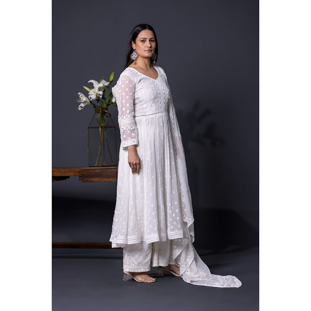 Shweta Dabas Serine White Embroidered Anarkali with Palazzo and Dupatta (Set of 3)