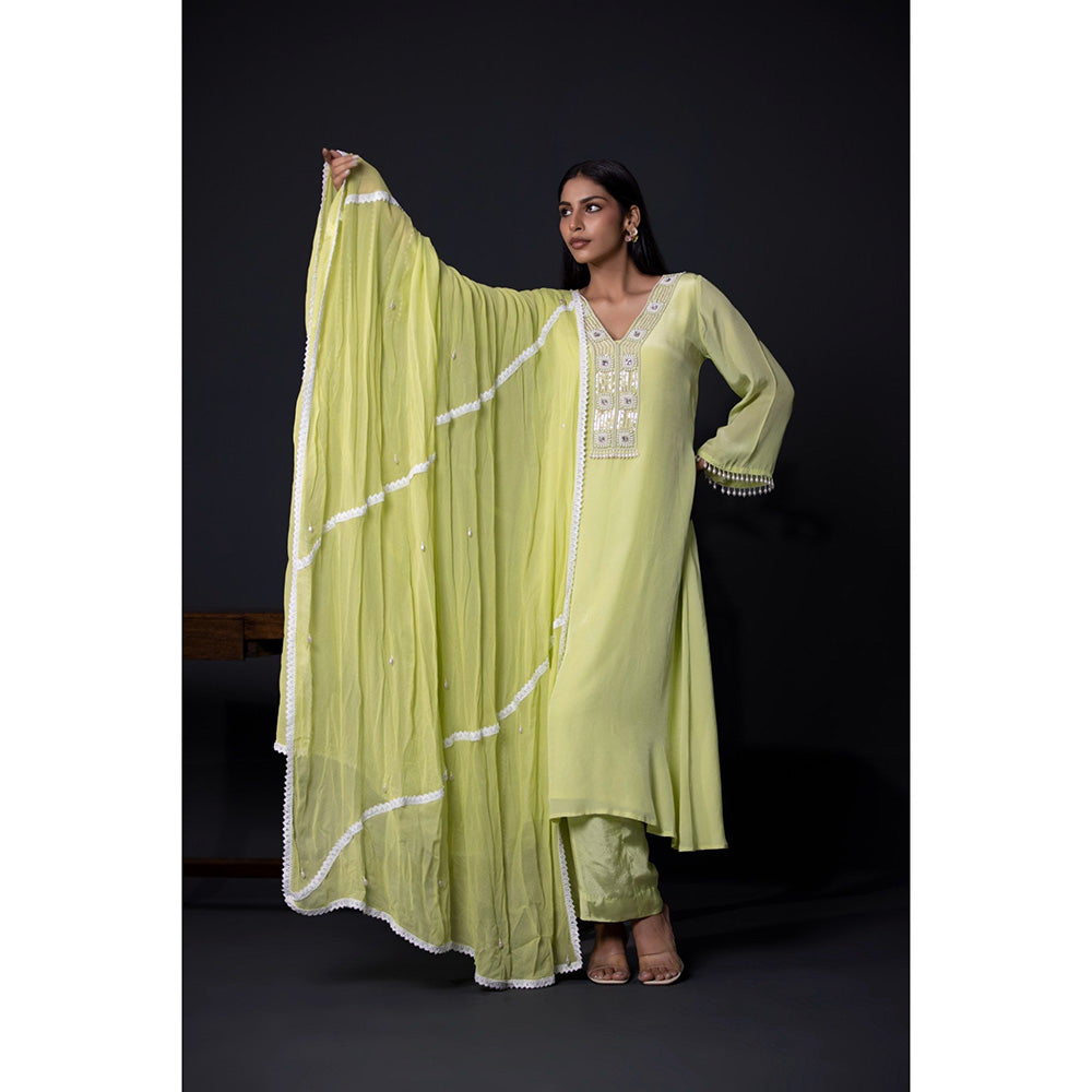 Shweta Dabas Apple Green Embroidered Anarkali with Pant and Dupatta (Set of 3)